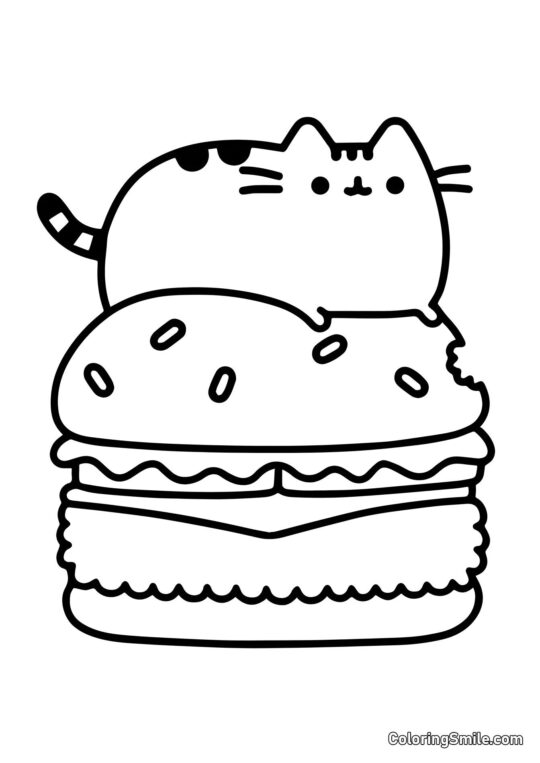 Pusheen kočka na cheeseburgeru - Omalovánka