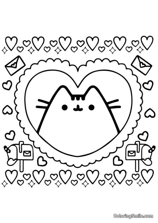 Pusheen kočka Valentýn - Omalovánka