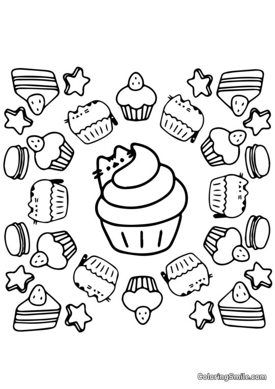 Pusheen kočka a sladkosti (arteterapie) - Omalovánka