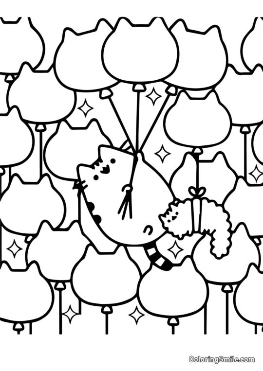 Pusheen kočka a balónky (arteterapie) - Omalovánka