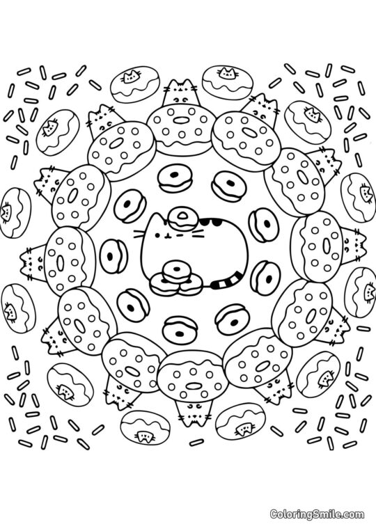 Pusheen kočka a koblihy (arteterapie) - Omalovánka