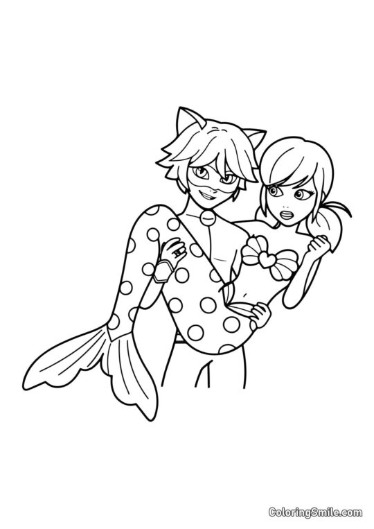 Mořská víla brouček v náručí Černého kocoura - Omalovánka