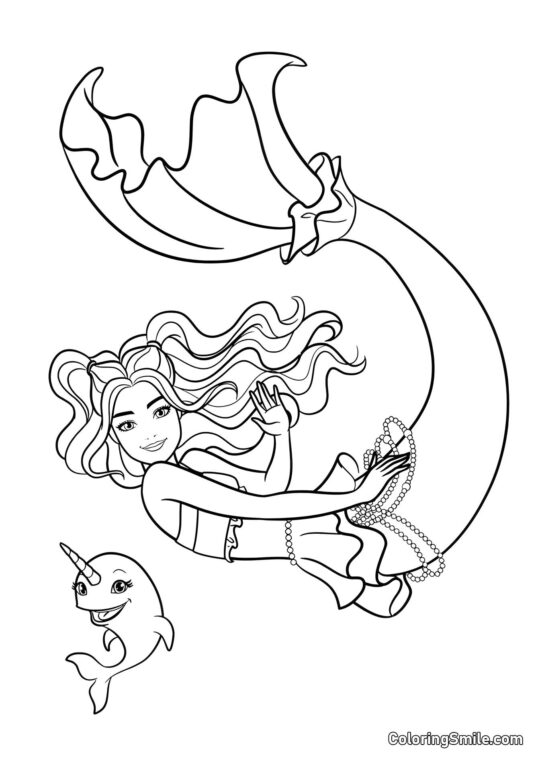 Barbie mořská panna mává s narvalem - Omalovánka