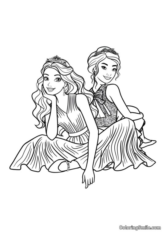 Barbie s kamarádkou sedící na podlaze - Omalovánka