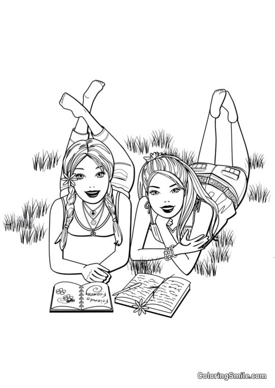 Barbie čte knihy v přírodě - Omalovánka