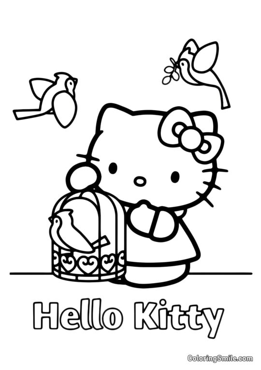 Hello Kitty s ptáčky - Omalovánka
