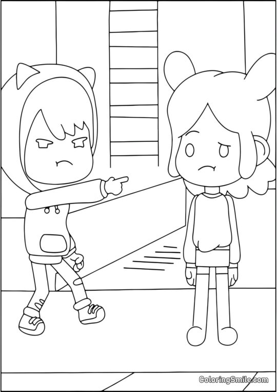 Toca Boca Zeke ukazuje prstem na Ritu - Omalovánka