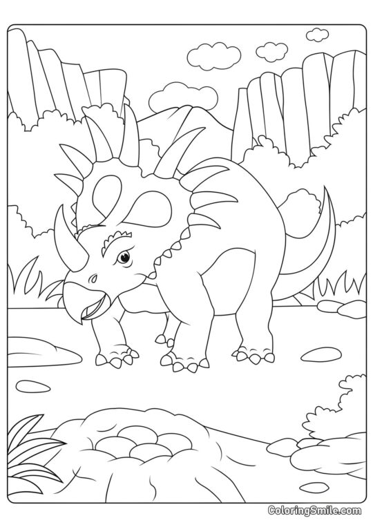 Styracosaurus poblíž hnízda s vejci - Omalovánka