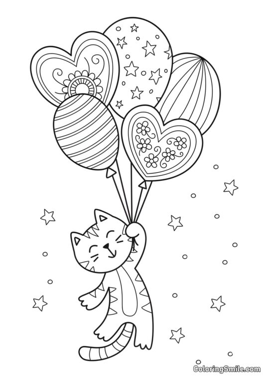 Kočka s balónky pro pohlednici - Omalovánka
