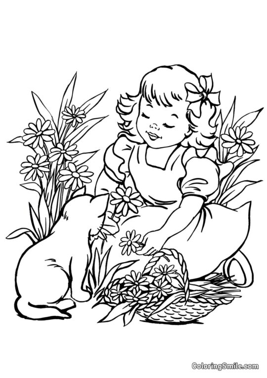 Kočka a dívka sbírající sedmikrásky - Omalovánka