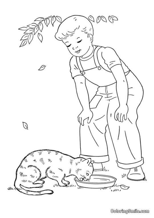 Kočka a chlapec - Omalovánka