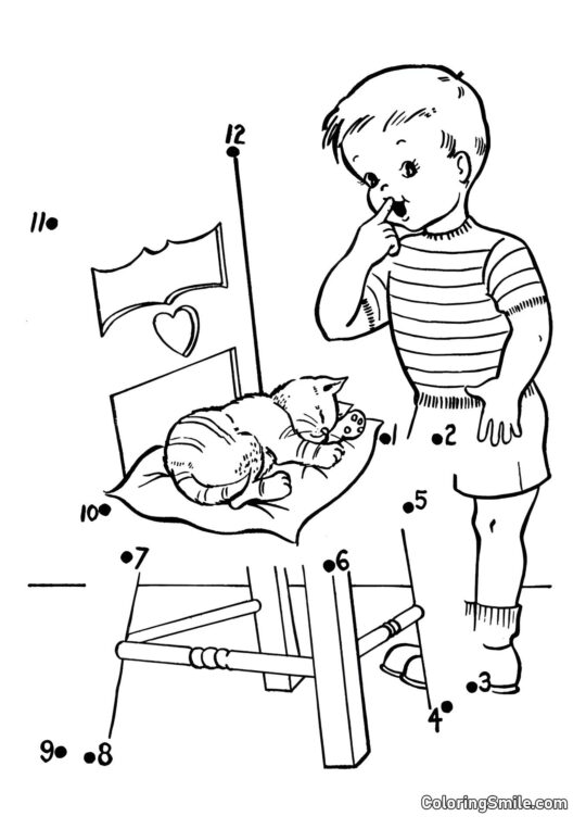 Kočka spící na polštáři – spojte tečky! - Omalovánka