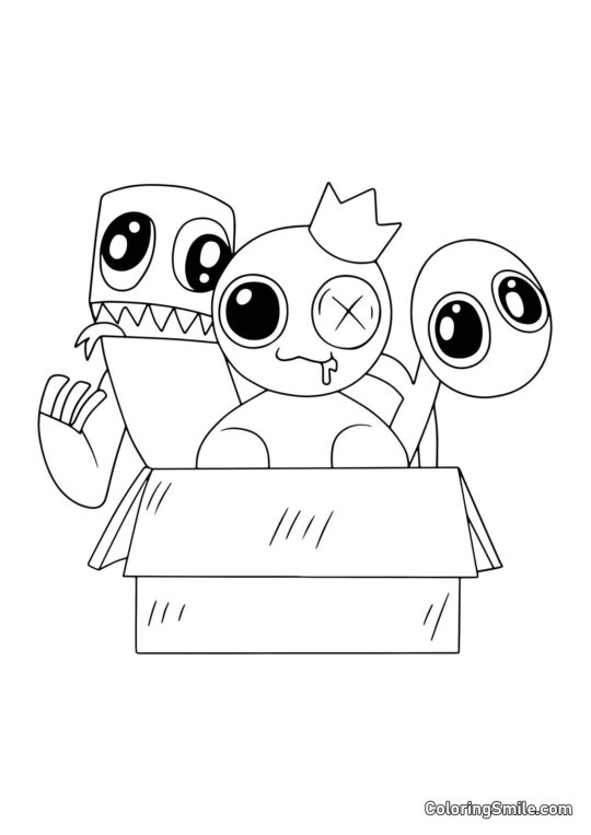 Modrý, zelený a fialový sedící v krabici - Omalovánka