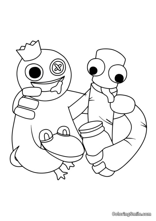 Modrý, zelený a oranžový se objímají - Omalovánka