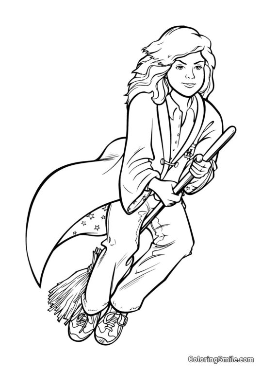 Kreslená Hermiona na koštěti - Omalovánka