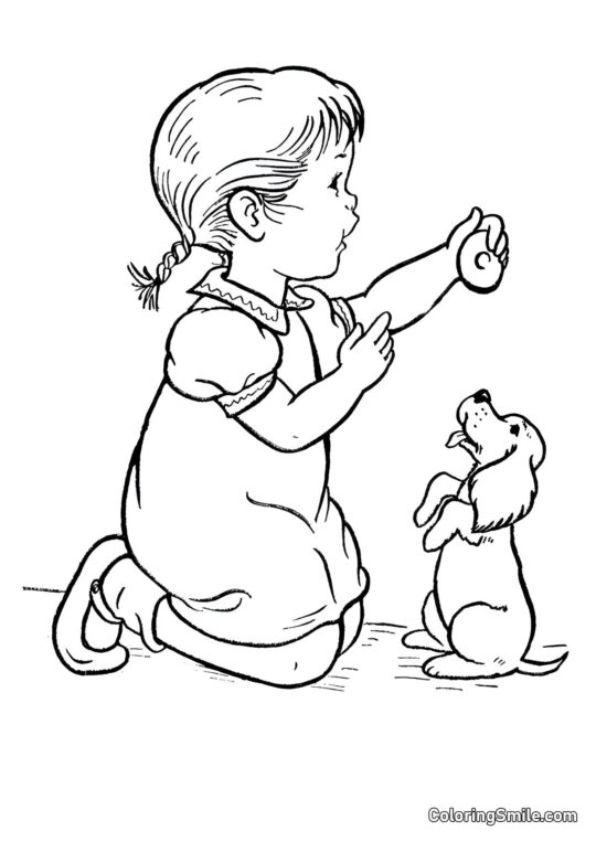 Dívka krmí svého psa - Omalovánka