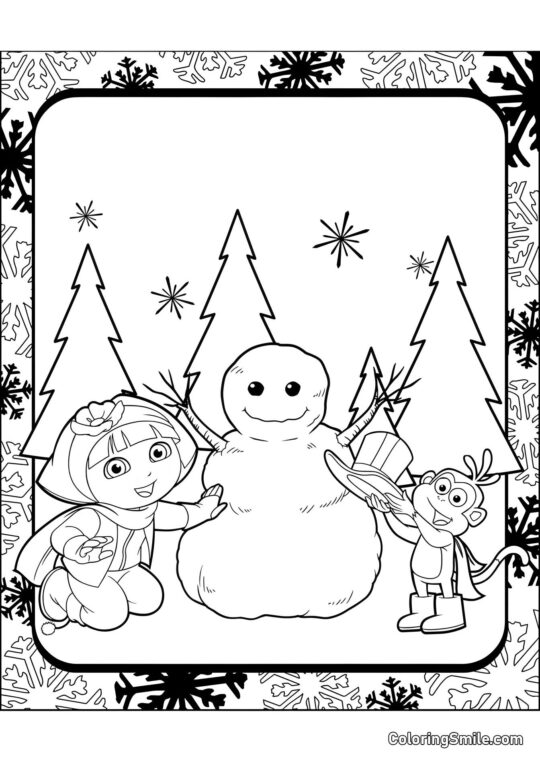 Dora a Boty staví sněhuláka - Omalovánka