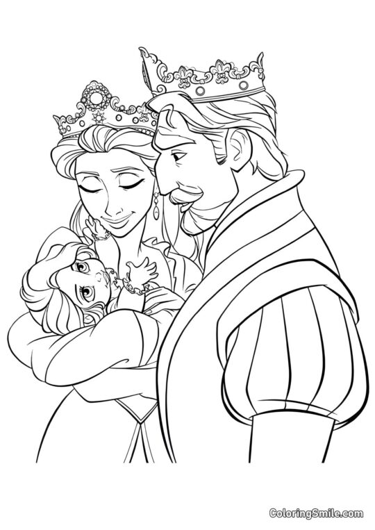 Malá Rapunzel v náručí rodičů - Omalovánka