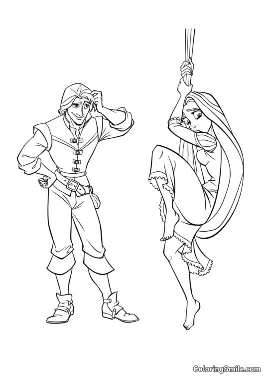 Rapunzel sestupující po vlasech s Flynnem - Omalovánka